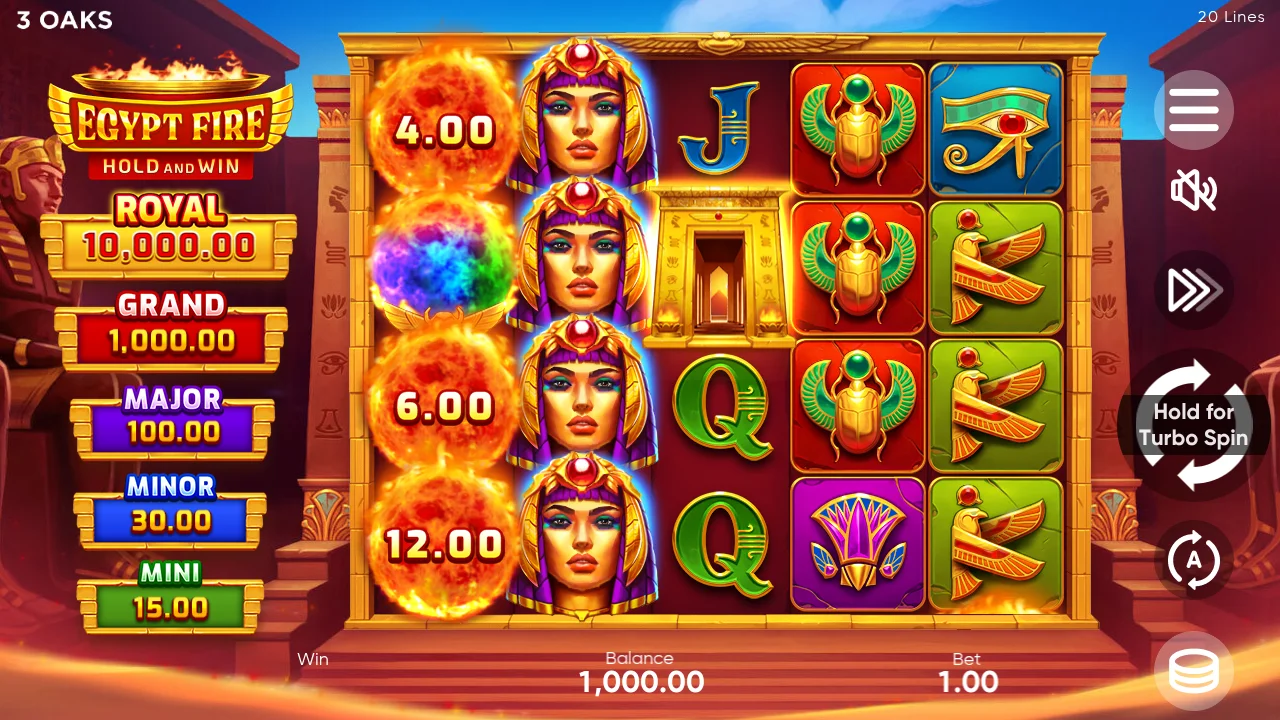 Egypt Fire 5x4 reel grid with Egyptian temple backdrop, jackpot tier panel on left, balance and bet controls at bottom