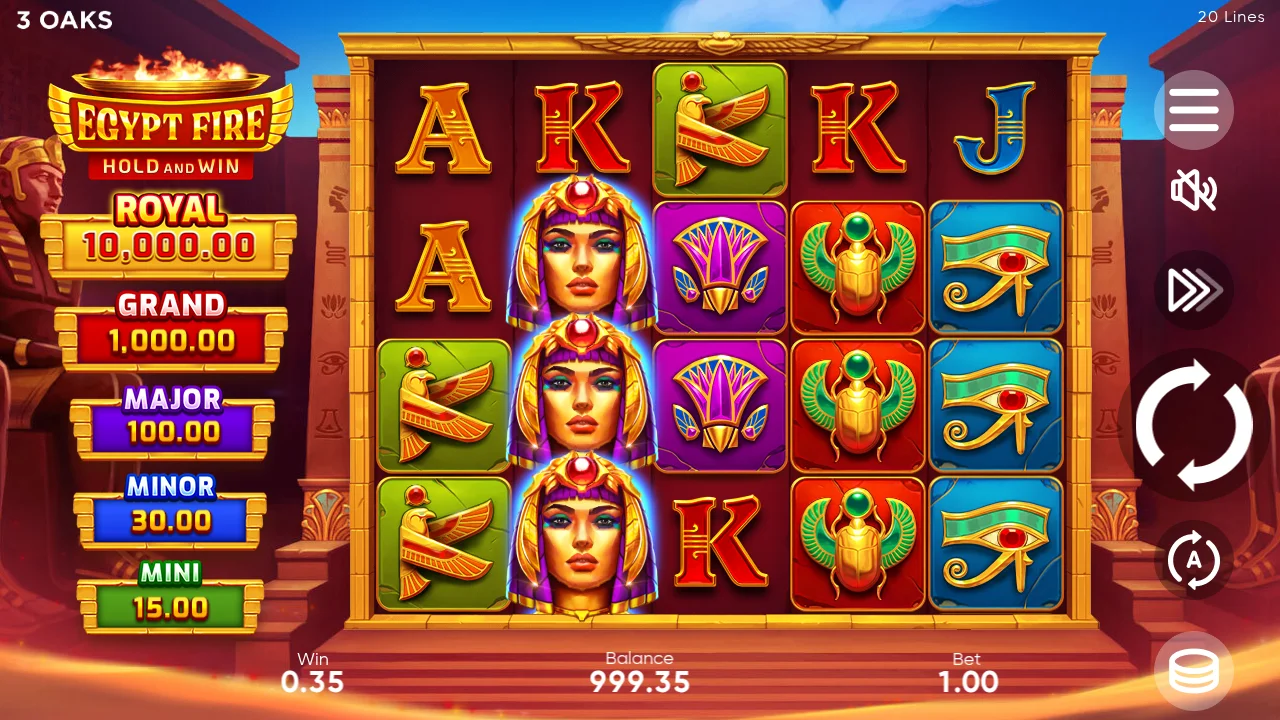 Egypt Fire base game spin at bet 1.00 - a 0.35 line win, balance 999.35, Egyptian symbols on the 5x4 grid