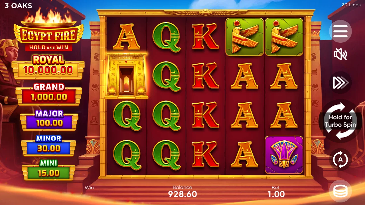 Egypt Fire demo at spin 100 showing balance 928.60 at bet 1.00, after an early bonus event