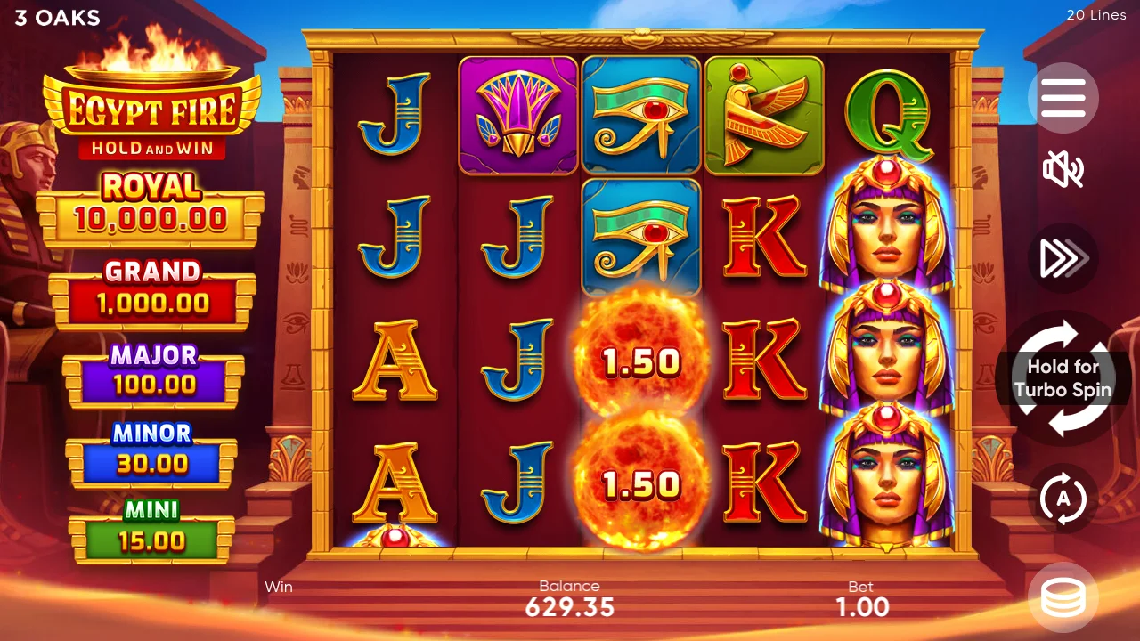 Egypt Fire demo session end showing balance 629.35 at bet 1.00, Egyptian Lady Wild on reel 1
