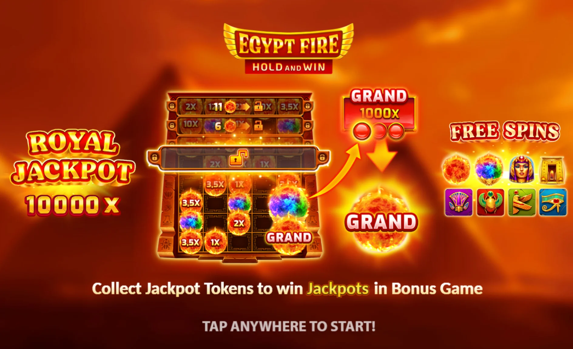 Egypt Fire demo splash - Royal Jackpot 10000x, Hold and Win, Free Spins. Tap to start.
