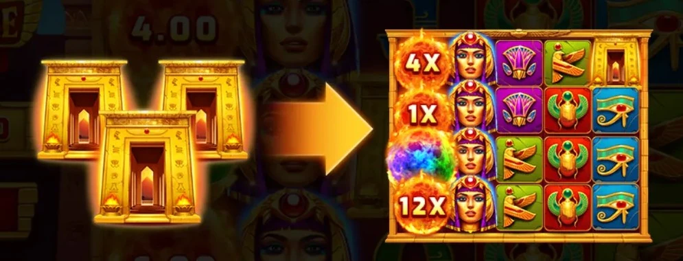 Egypt Fire FREE SPINS rules: 3 Scatter symbols trigger 8 Free Spins, 2+ Scatters retrigger 3+ spins, only top symbols on reels