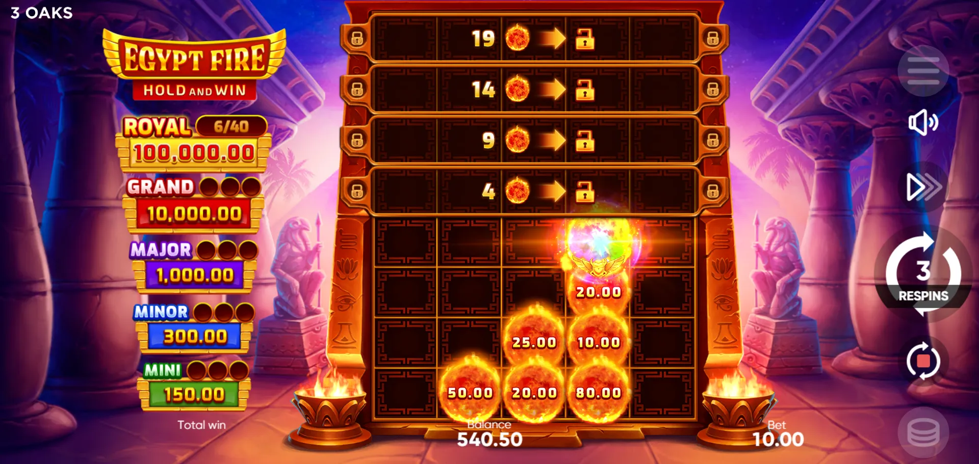Egypt Fire HOLD AND WIN bonus active with respins counter at 3, Bonus symbol values visible on expanding grid