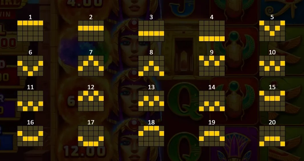 Egypt Fire WIN LINES diagram: all 20 fixed paylines numbered across the 5x4 reel grid, left-to-right evaluation